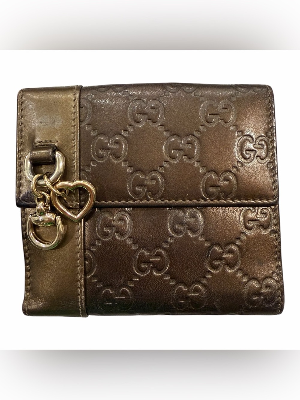 Gucci Bronze Metallic GG-Embossed Leather Wallet with Heart Charm